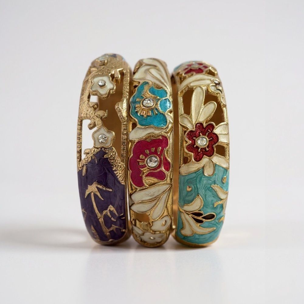 Vintage Enamel Floral Rhinestone Hinged Bangle Lot – Boho Retro Statement